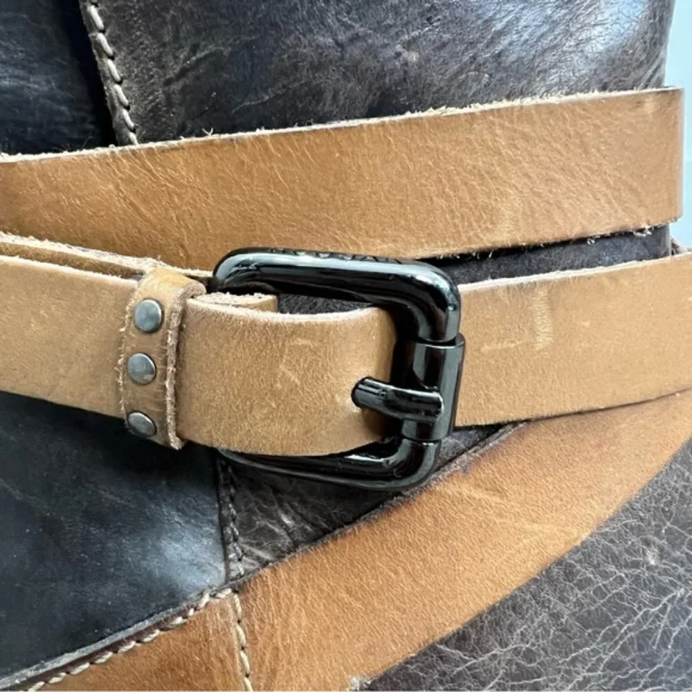RUDSAK Montreal brown leather distressed buckle moto ankle boots 38
